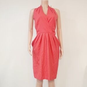 Vintage OBERON Orange Backless Linen Blend Halter Dress With Pockets Size: 10